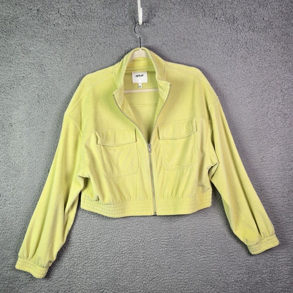 Aerie Jacket Citron Yellow L Cropped Corduroy Full Zip Y2K Patch Pockets